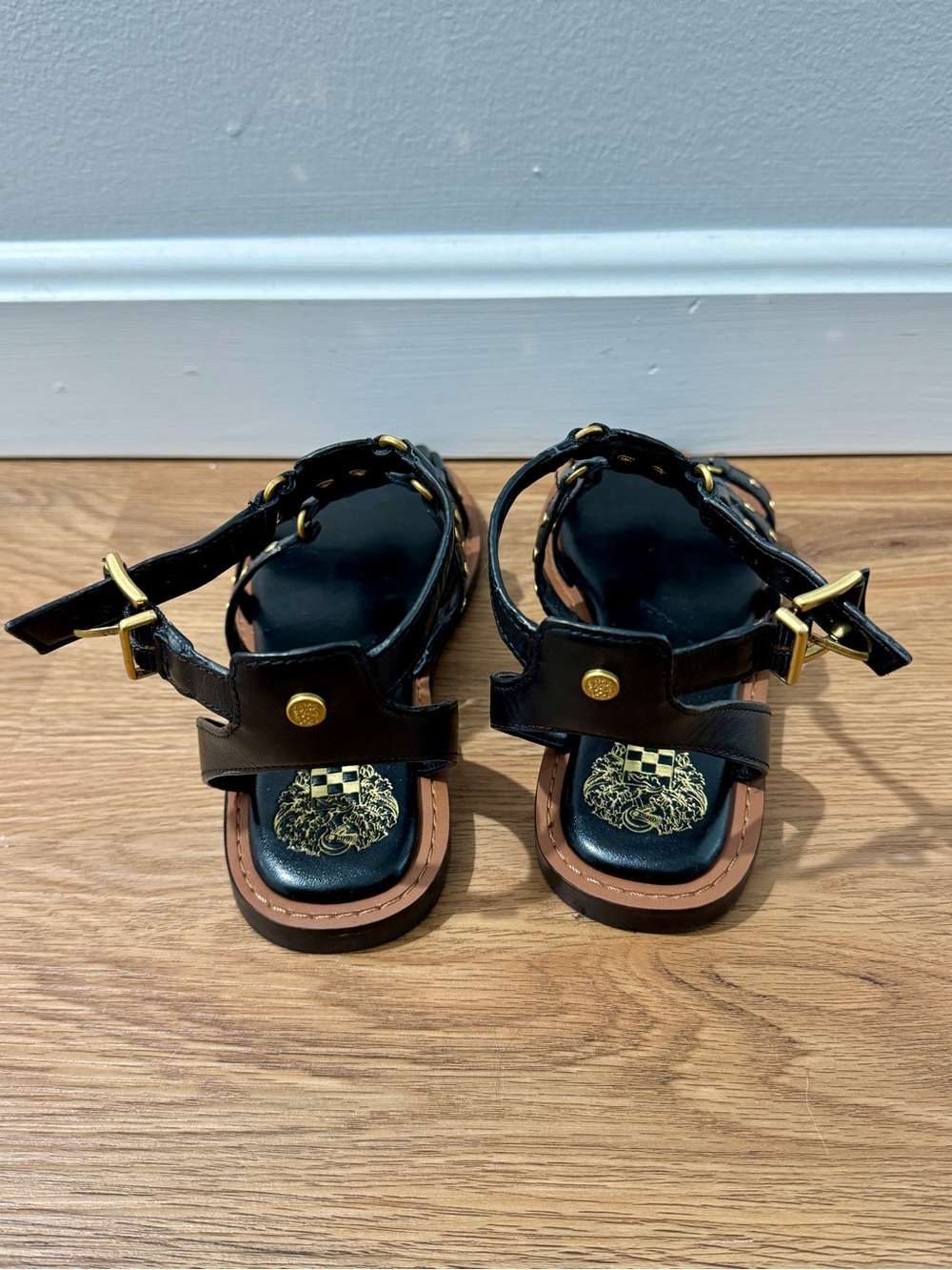 Vince Camuto Black Gladiator Stud Sandals with Brown Sole - Picture 3 of 5
